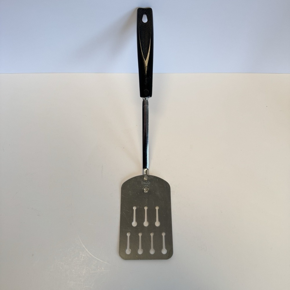 Vintage EKCO USA Keyhole Slotted Spatula 12" Metal Flipper Black Handle